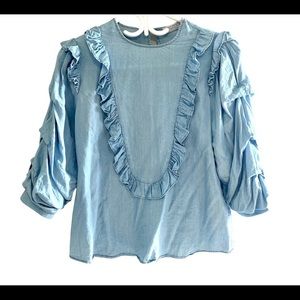 ‼️sold‼️ZARA PREMIUM DENIM COLLECTION TOP WITH RUFFLED DETAILS